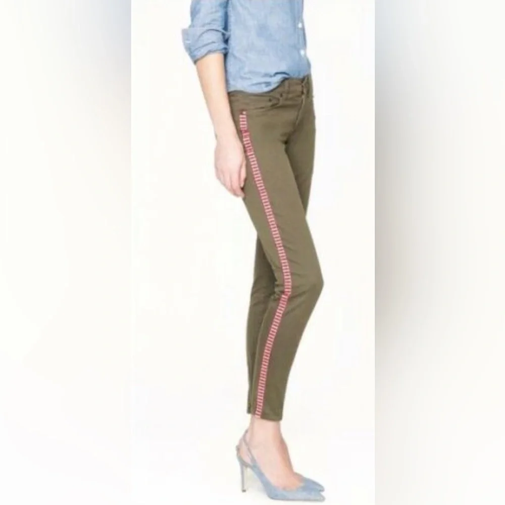 J. Crew Toothpick Jeans Olive Green w Red & White Side Stripes